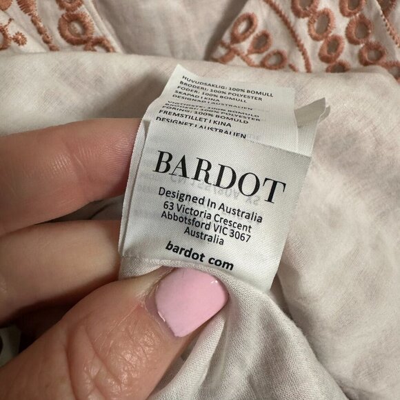 Bardot Eliza Eyelet Ruffle Mini Dress Size 6 White Pink Preppy Brunch Cotton NWT - Picture 12 of 13